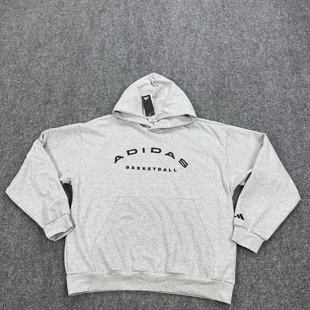 Adidas Hoodie Mens Large Gray Fleece Pullover Sweatshirt Basketball IW8253